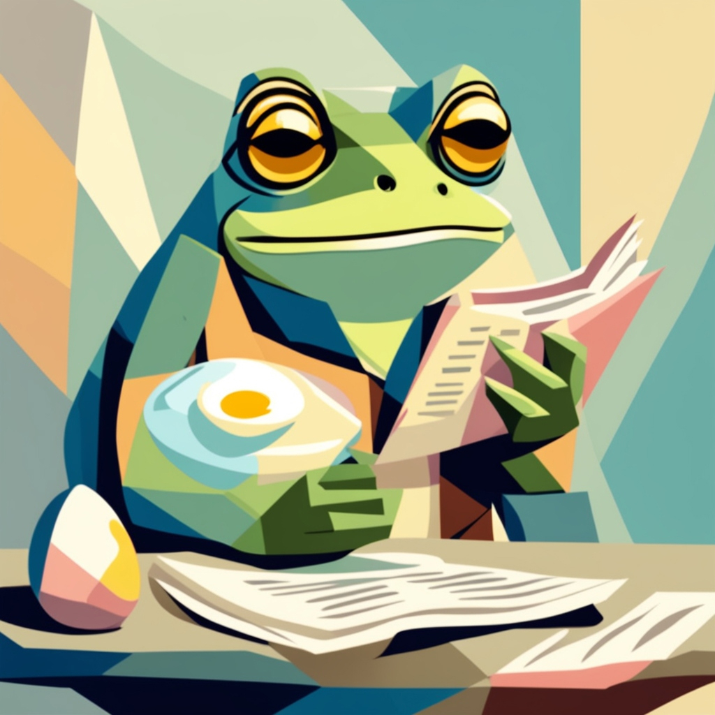 EGG PLUS FROG: new British writing. Image: a frog painted in a cubist style in pastel colours of green, blue, yellow and red holds a book and an egg.