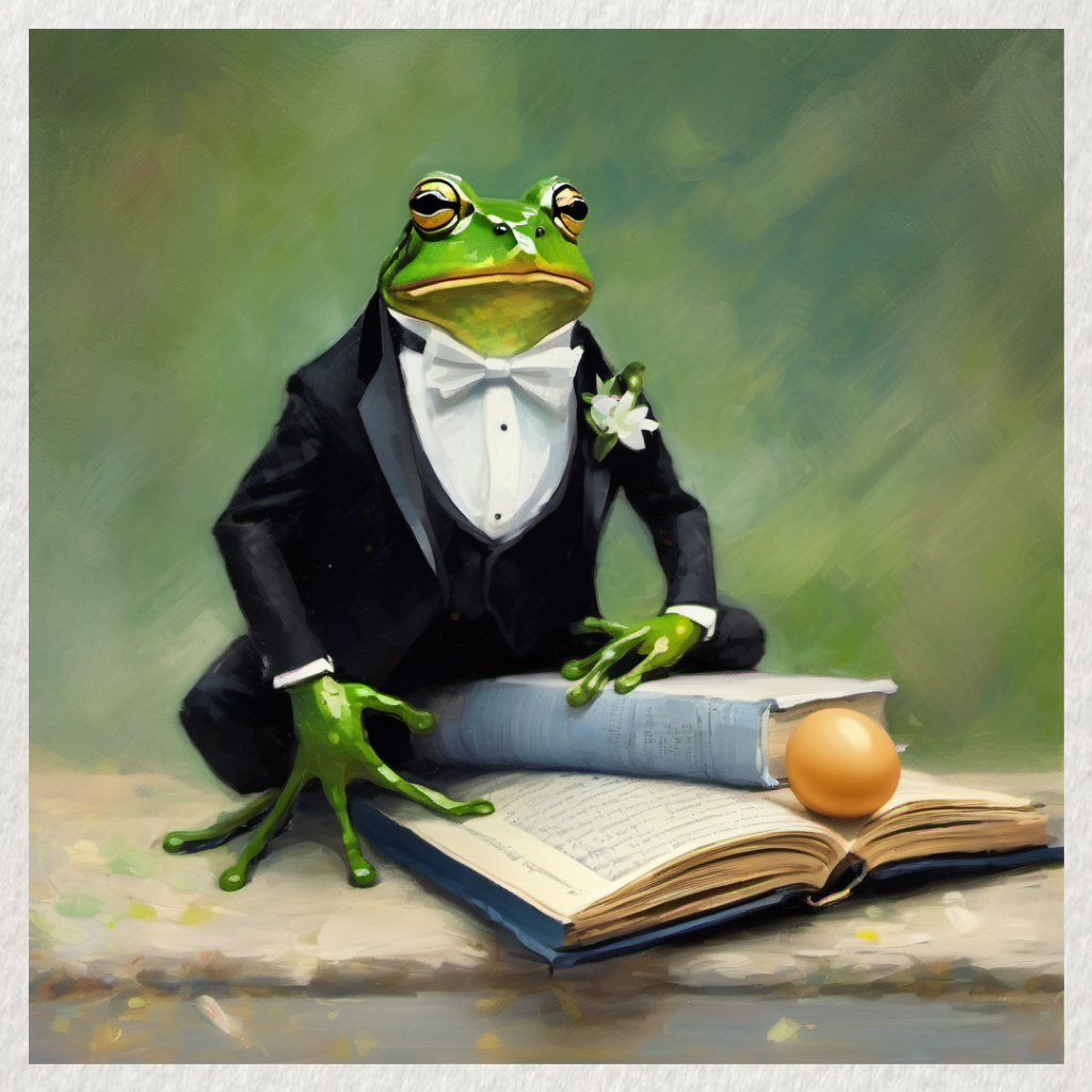Image: a frog wearing a tuxedo with a white bowtie is sitting on two books next to an egg.