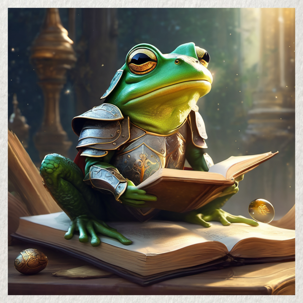 Image: a frog wearing armour is sitting on a large book. He has another open book in his hands and there is a golden egg next to him.