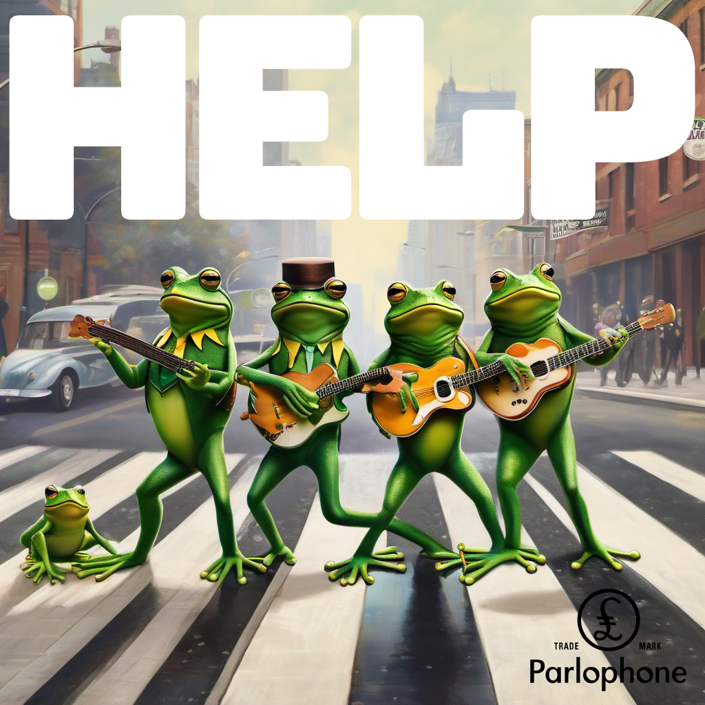 Donation page. Image: A Beatles-inspired album cover. The word 'HELP' is in large white letters at the top of the image. In the middle, a group of five frogs with guitars are standing on a pedestrian crossing. In the bottom right-hand of the image, the Parlophone label image.