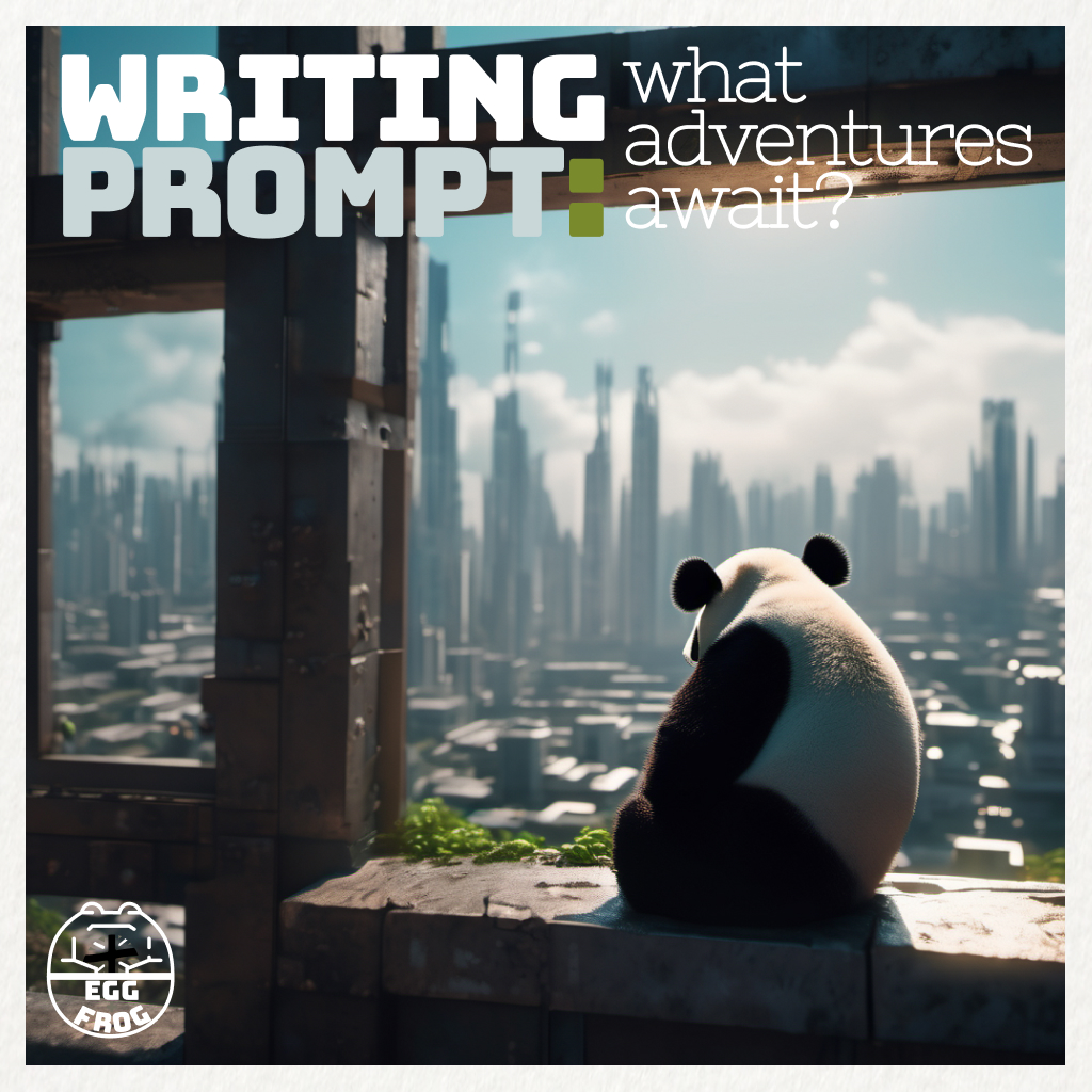Image: a small panda sits on a concrete windowsill looking out at a futuristic cityscape. At the top of the image are the words 'Writing Prompt: what adventures await?'