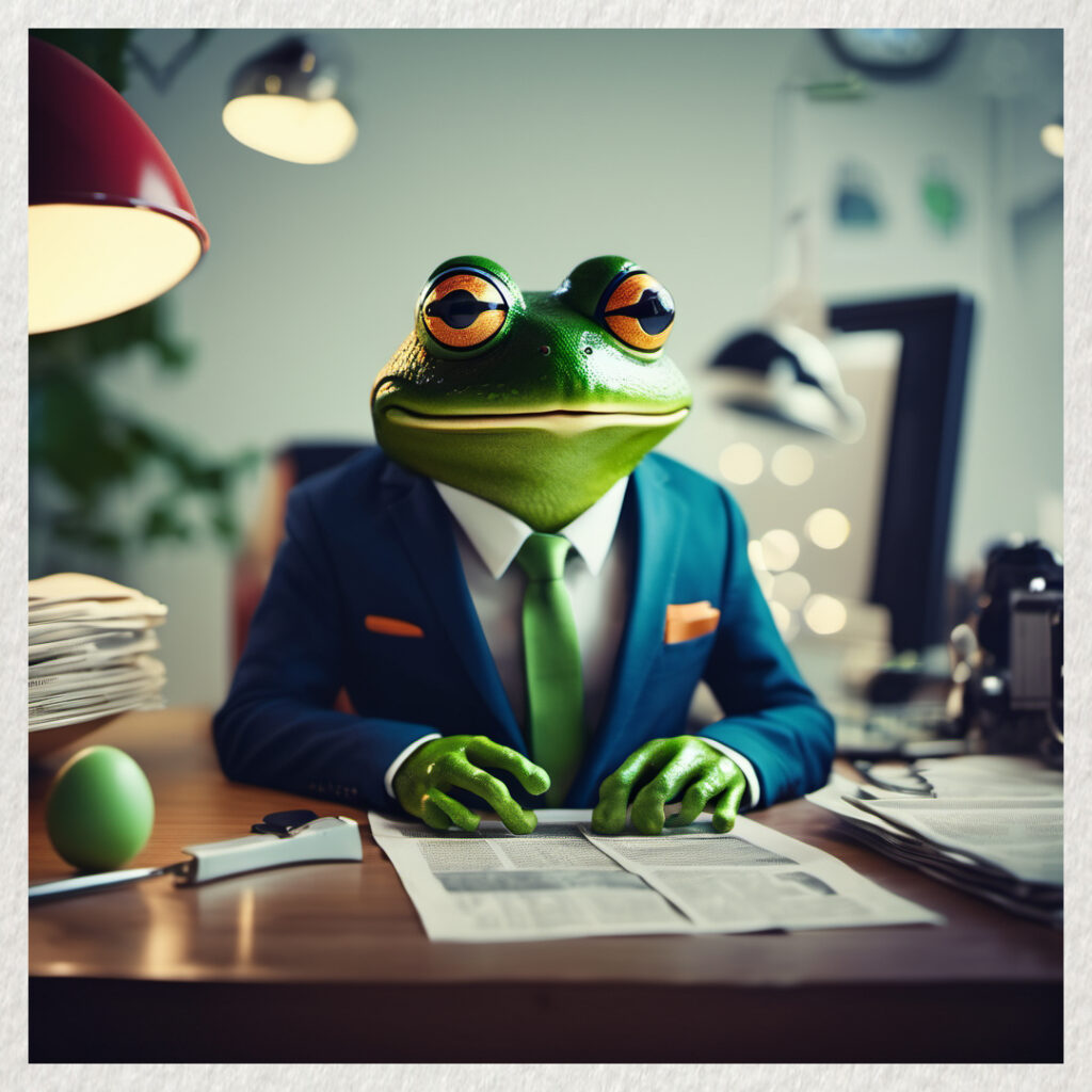 Image: a frog wearing a crisp blue suit is sitting at an office desk with a newspaper open in front of him. On the desk is a green egg.