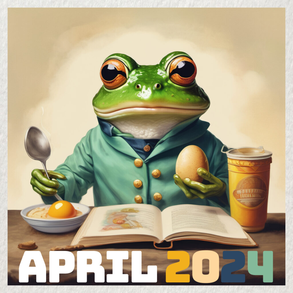 April 2024. Image: a frog in a blue jacket sits at a breakfast table holding an egg and a spoon. On the table is a takeaway cup of coffee, an open book and a bowl with a fried egg in it.