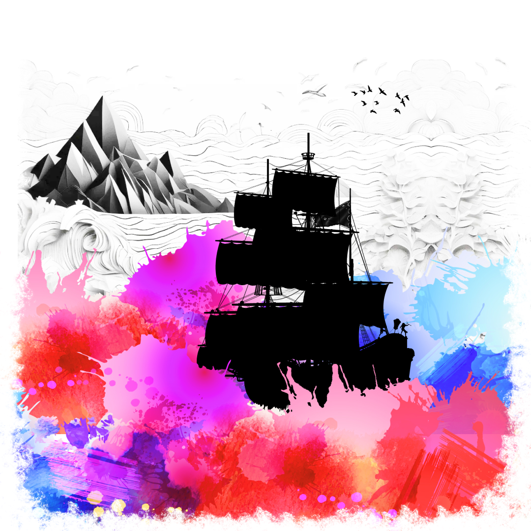 Image: a silhouette of a ship sales on a sea of explosive coloured paint. In the background, a monochrome mountain and waves made of paper.