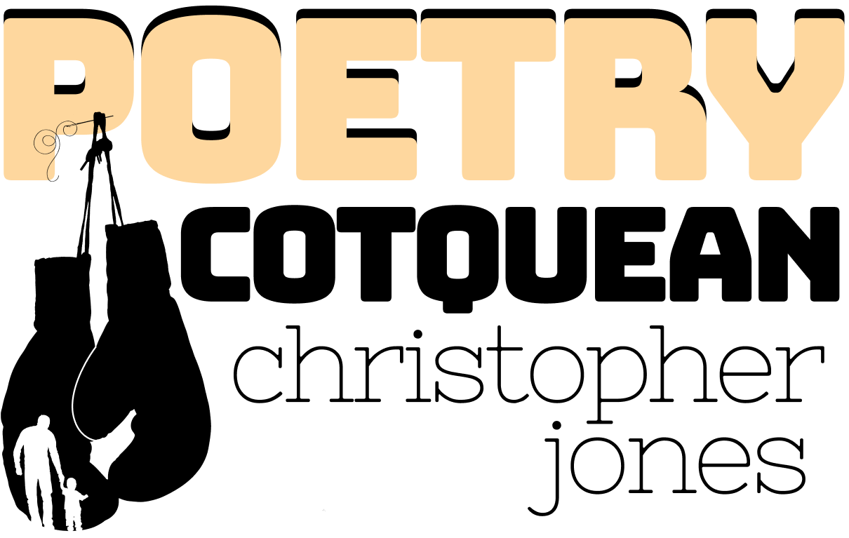 Poetry. Cotquean, by Christopher Jones. Image: a pair of boxing gloves suspended from a knitting needle and thread. In the gloves, the silhouette of a man and his son.