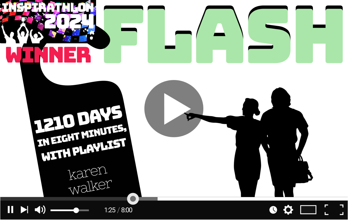 Flash. 1210 Days In Eight Minutes, With Playlist, by Karen Walker. Image: a mock-up of a YouTube video on pause. In the video, on the left, we see the silhouette of a 'do not disturb' sign with the title of the story on it. On the right, a pair of women walking arm in arm, one of the women reaching out to press the play button in the middle of the paused video.