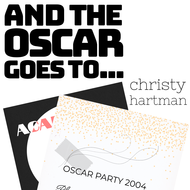 Flash fiction. And The Oscar Goes To..., by Christy Hartman. Image: A pair of invitations to academy awards parties. The most visible invitation has three strands of hair sellotaped to it.
