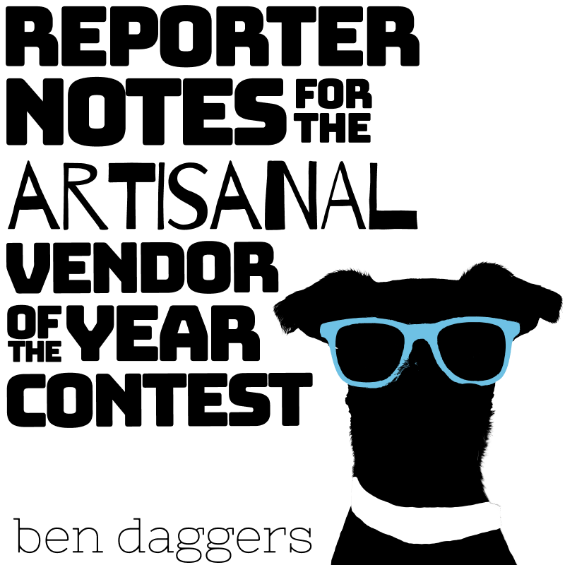 Flash fiction. Reporter Notes for the Artisanal Vendor of the Year Contest. Image: a dog and a cat wearing sunglasses.