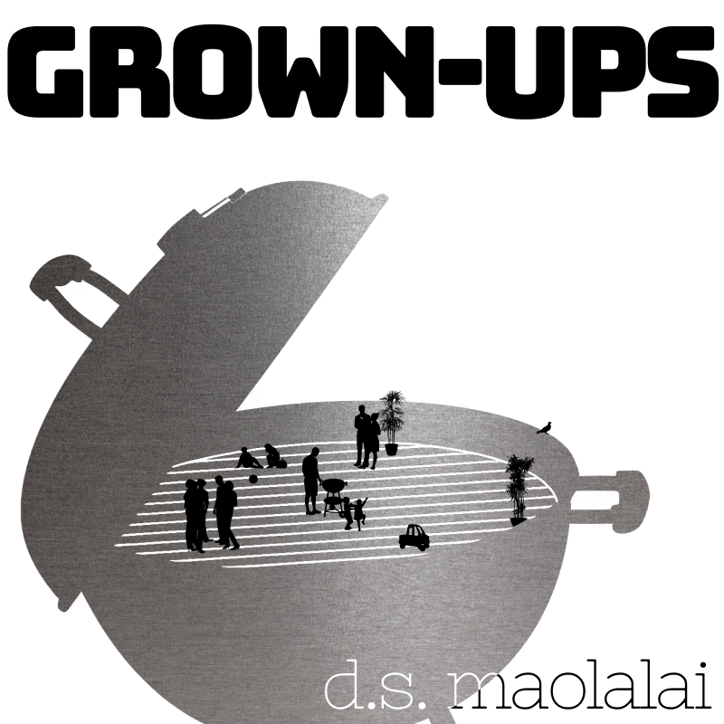 Poetry. Grown-ups, by DS Maolalai. Image: A barbecue with miniature adults, children and assorted garden objects having a barbecue on the grill.