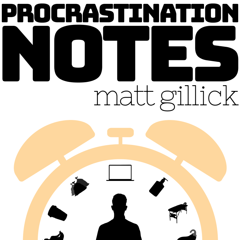 Fiction. Procrastination Notes, by Matt Gillick. Image: the silhouette of an alarm clock face. Instead of hands is a man. Instead of numbers are images of a laptop, garbage bags, a bottle of sanitiser, a massage table, and a squash.