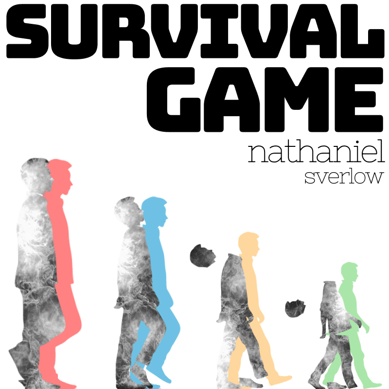 Fiction. Survival Game, by Nathaniel Sverlow. Image: a sequence of a man walking in five images. Each image compromises a man in flames whose body is falling apart, and the man's shadow which stays intact.