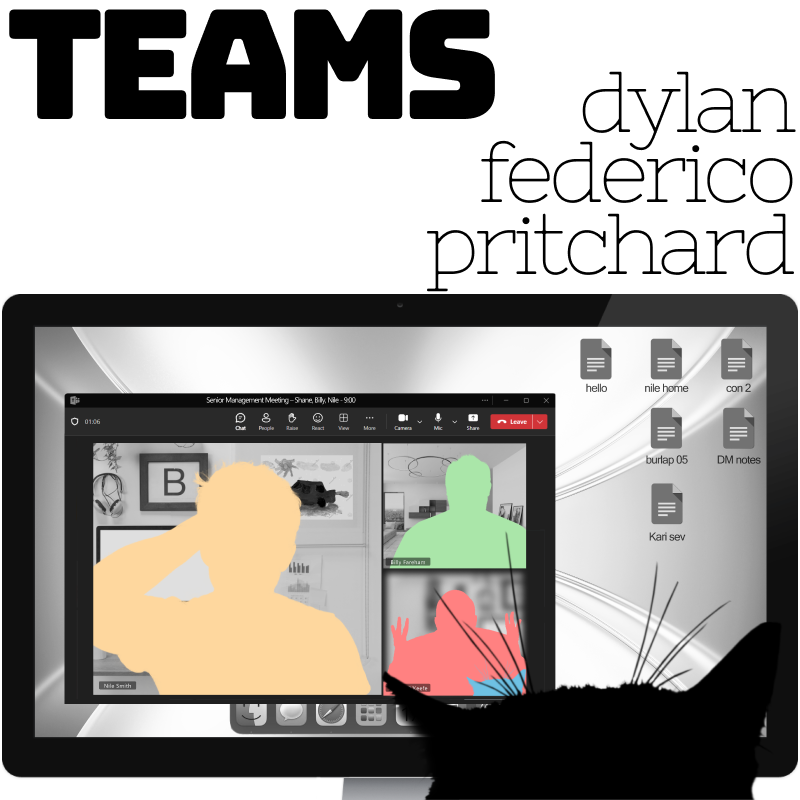 Fiction. TEAMS, by Dylan Federico Pritchard. Image: A Mac monitor with a window open for TEAMS software, showing three different men in silhouette. In the foreground, a cat is looking at the monitor.