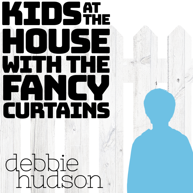 Poetry. Kids at the house with the fancy curtains, by Debbie Hudson. Image: two silhouetted children look through a white picket fence
