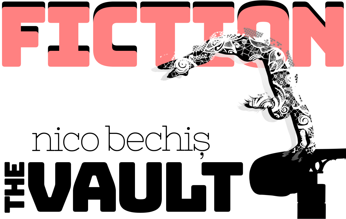 Fiction. The Vault, by Nico Bechis. Image: a highly ornate and patterned silhouette of a young woman pushing off from a gymnastic vault.