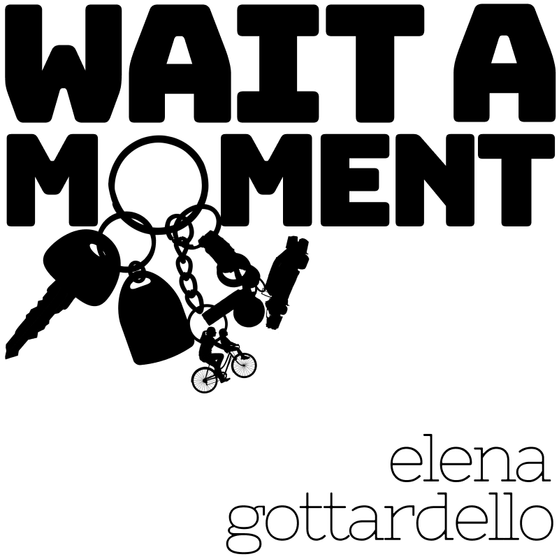 Fiction. Wait a moment, by Elena Gottardello. Image: Forming the 'o' in 'moment', a silhouette of a bunch of car keys. Among the keyrings are a woman and a girl riding a bicycle, and a burnt out car.