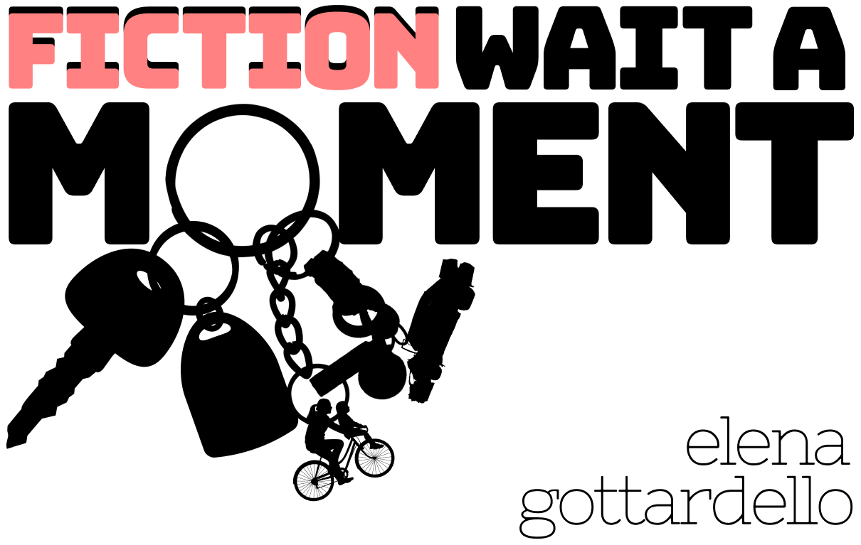 Fiction. Wait a moment, by Elena Gottardello. Image: Forming the 'o' in 'moment', a silhouette of a bunch of car keys. Among the keyrings are a woman and a girl riding a bicycle, and a burnt out car.