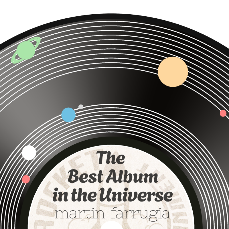 Flash fiction: The Best Album in the Universe, by Martin Farrugia. Image: A vinyl record which shows silhouettes of planets orbiting around the grooves of the disc.